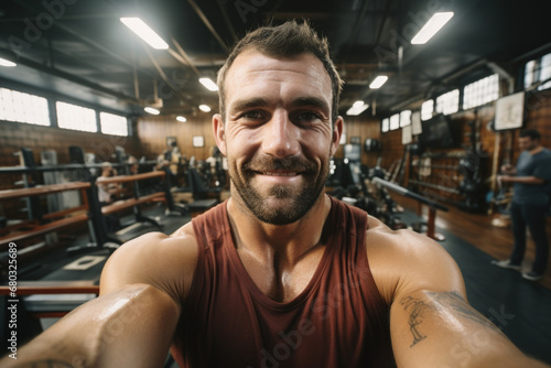 Smiling male personal trainer portrait of smiling at camera in gym. Happy man fitness coach standing in modern sport club interior. Active sport life getting fit healthy lifestyle concept