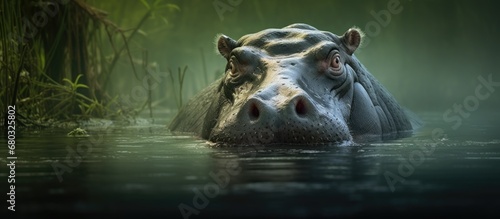 In the heart of an African park, a majestic hippopotamus emerged from the natural river, showcasing its massive yet enchanting presence in a captivating wildlife portrait, reflecting the harmonious © AkuAku