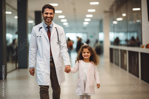 Children healthcare doctor visit consultation concept. Smiling doctor hugs baby child during medical checkup at hospital clinic. Friendly caring professional pediatrician cheking kid small patient