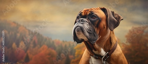 In the serene embrace of nature, a magnificent purebred boxer dog patiently poses for a portrait, showcasing its vibrant personality through expressive eyes, cropped ears, and a regal head, captured © AkuAku