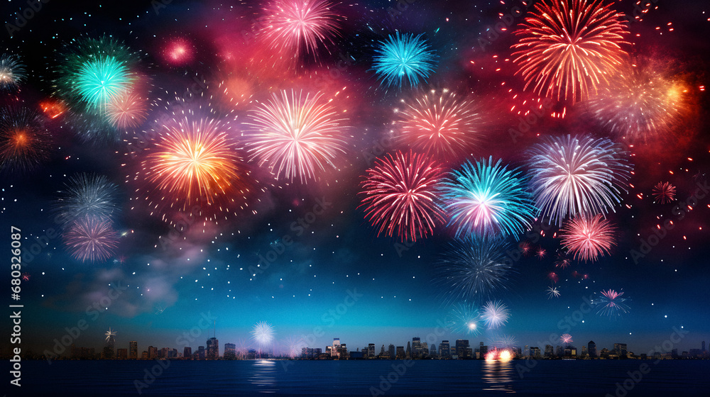 Enchanting Firework Display Lighting up the Night Sky, Enhanced with Bold and Vivid Tones to Convey a Festive and Joyous Atmosphere