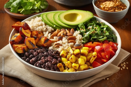 Bowl of Vibrant Plant-Based Meal with Fruits, Vegetables and Grains