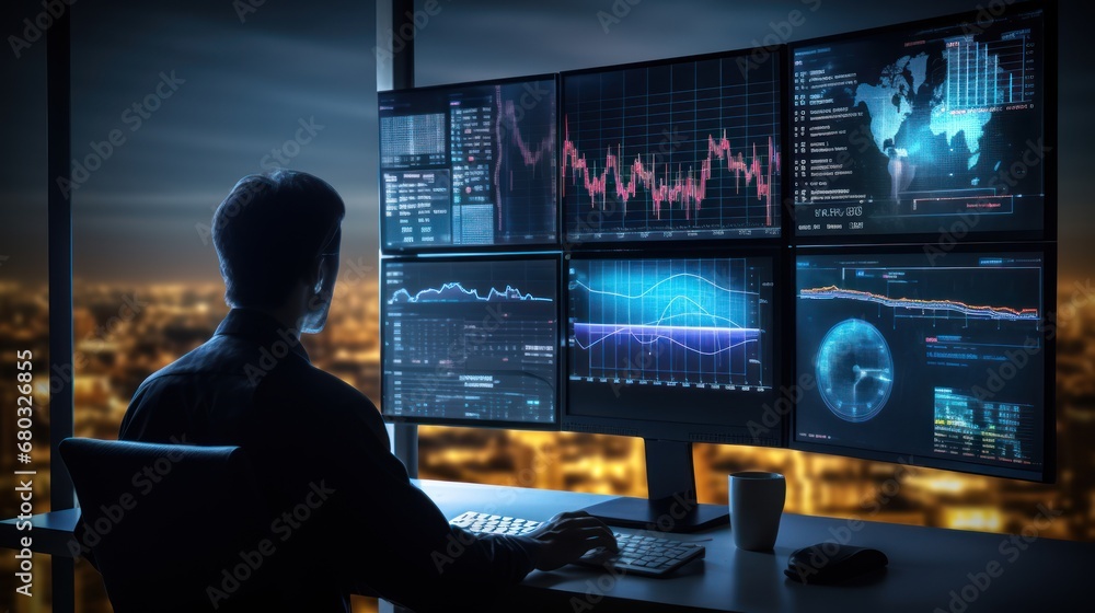 analyst uses computer and dashboard for data business analysis and Data Management System with KPI and metrics connected to the database for technology finance, operations, sales, marketing. analyst uses computer and dashboard for data business analysis and Data Management System with KPI and metrics connected to the database for technology finance, operations, sales, marketing.