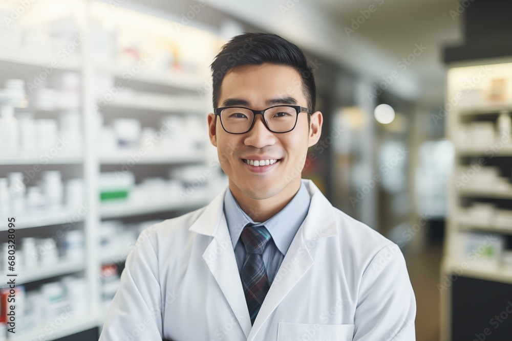 Confident handsome pharmacist at work portrait. Photo of a professional pharmacist checking stock in the storage room. 