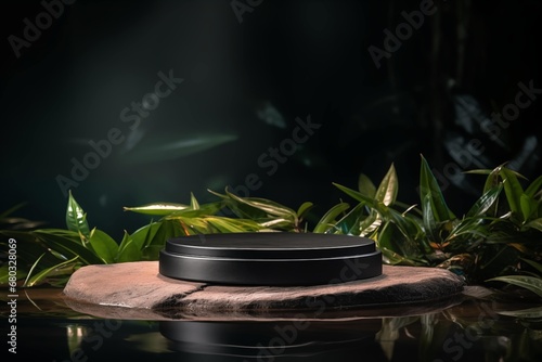 Circle stone podium for product presentation and deep black color background   flying tropical leaves