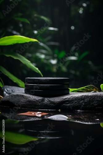 Circle stone podium for product presentation and deep black color background, flying tropical leaves