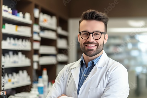 Confident handsome pharmacist at work portrait. Photo of a professional pharmacist checking stock in the storage room. 