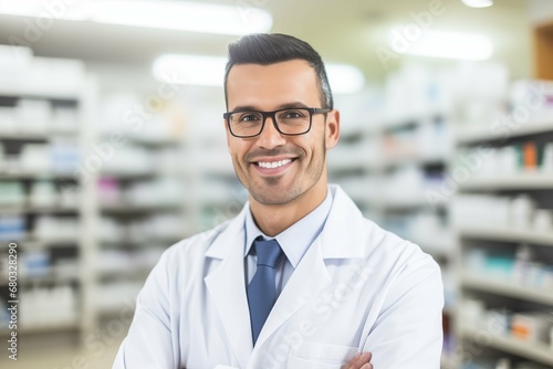 Confident handsome pharmacist at work portrait. Photo of a professional pharmacist checking stock in the storage room. 