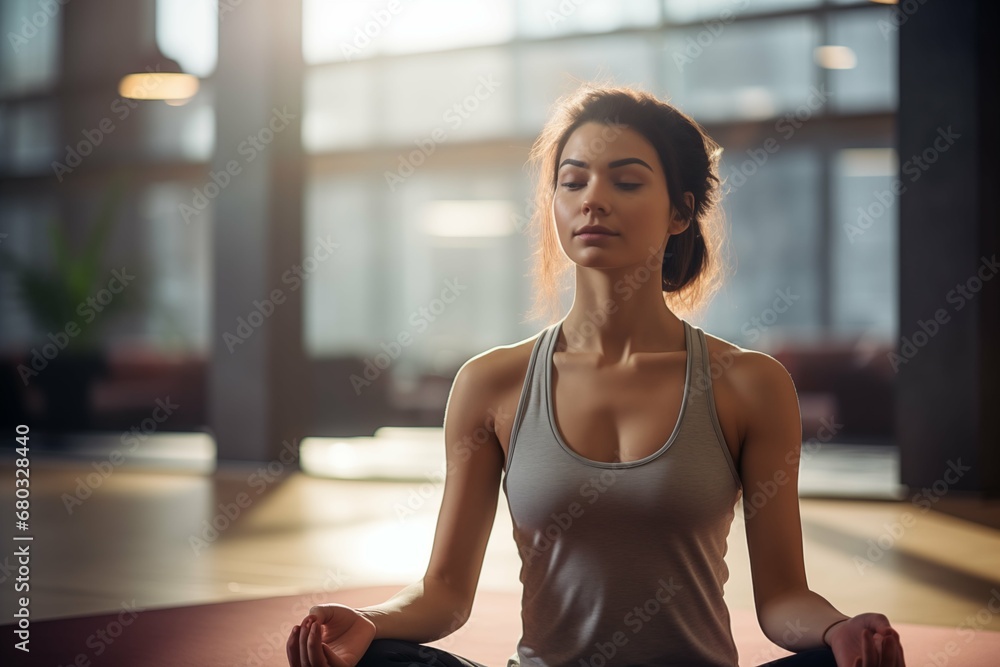 Caucasian woman doing yoga in yoga studio. Young peaceful woman doing exercising. Caucasian woman doing yoga in yoga studio. Young peaceful woman doing exercising.