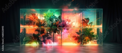 abstract design, the background features a white textured surface with 3D art elements, illuminated by a vibrant mix of green, orange, and pink lights, creating an energetic and tropical ambiance © AkuAku