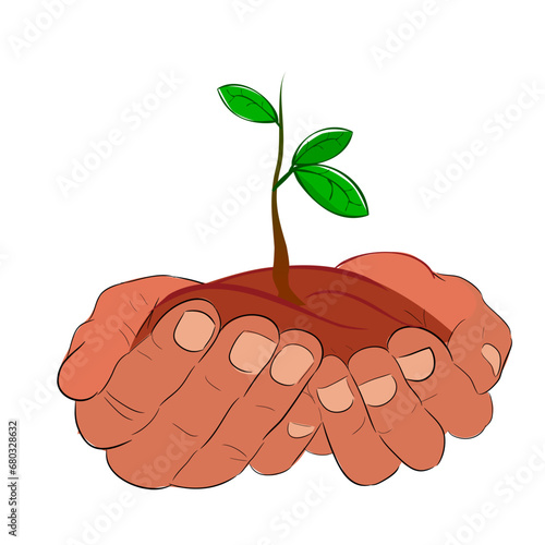 Simple Hand hold or bring bud sprout small plant with 3 fresh green leaf, illustration for new generation, Hope