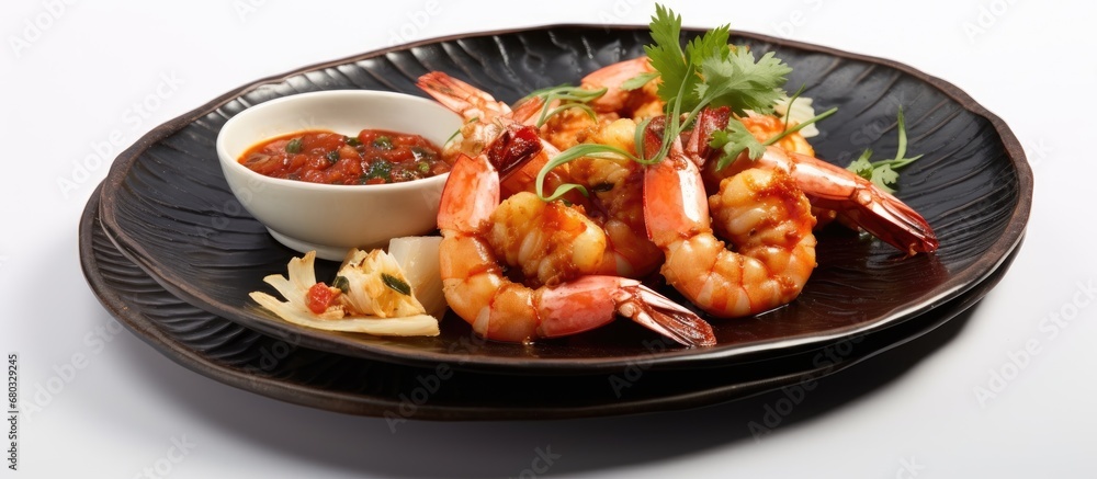 In the elegant restaurant, against a white background, an Asian-inspired gourmet dinner was served on a beautifully crafted plate featuring a mouth-watering dish of seafood appetizers, including