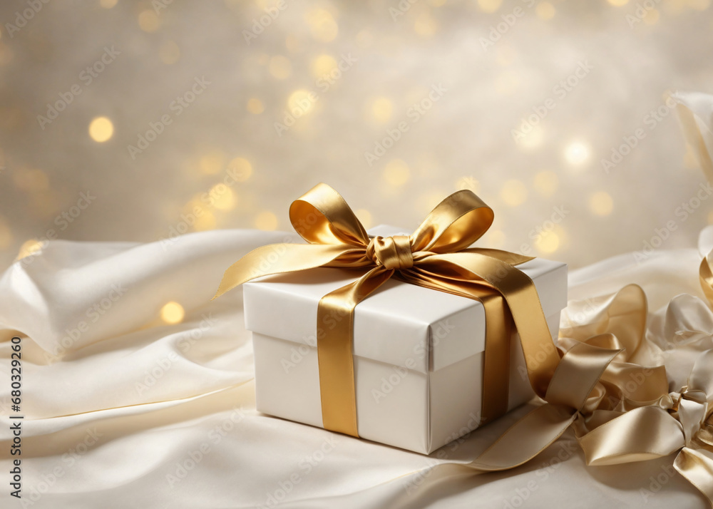 Golden Gift Box, Golden Bow, Shiny and Elegant Modern Photography Golden Gift Box, Golden Bow, Shiny and Elegant Modern Photography