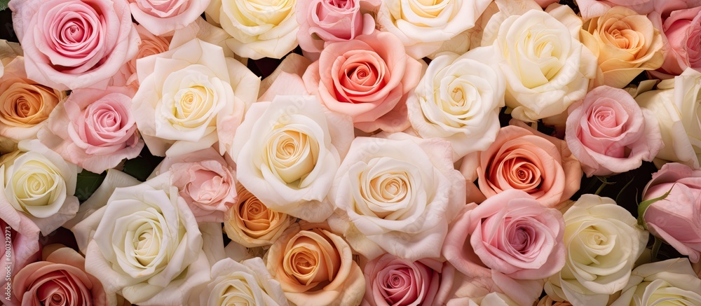 Fototapeta premium In the isolated beauty of a white rose garden, the colorful and natural background of pink floral beauty captivated onlookers with its captivating display of plant life, characterized by the stunning