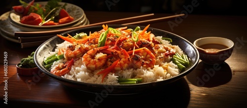 In the still life photograph, a bright lunch dish of white rice, vegetables, and seafood including shrimp and squid is accompanied by fried carrots, creating a delectable Asian cuisine scene with a