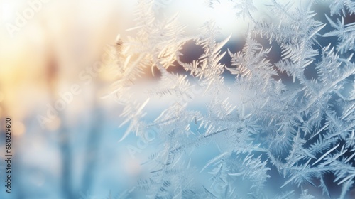 A macro shot of frost on a window with the Christmas tree bokeh in the background AI generated illustration photo
