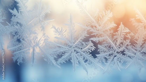 A macro shot of frost on a window with the Christmas tree bokeh in the background AI generated illustration © ArtStage