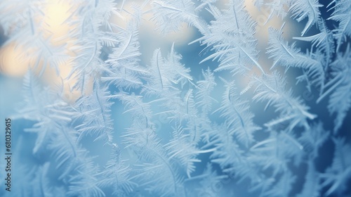 A macro shot of frost on a window with the Christmas tree bokeh in the background AI generated illustration photo