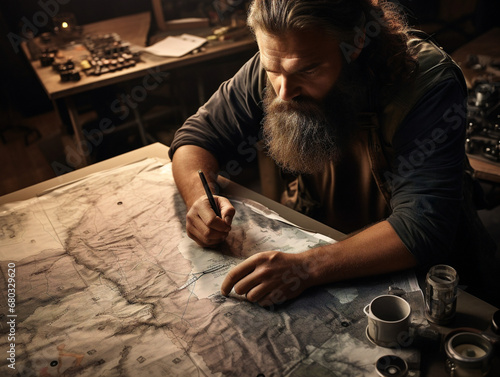 A determined war strategist meticulously plans a battle strategy on a detailed map.
