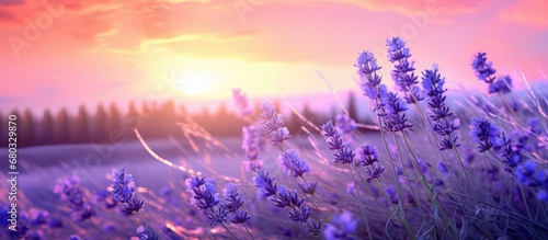 In the serene summer background, vibrant lavender plants sway gently in the warm breeze, enhancing the natural beauty of the landscape. The sun sets, casting a soft golden light upon the colorful