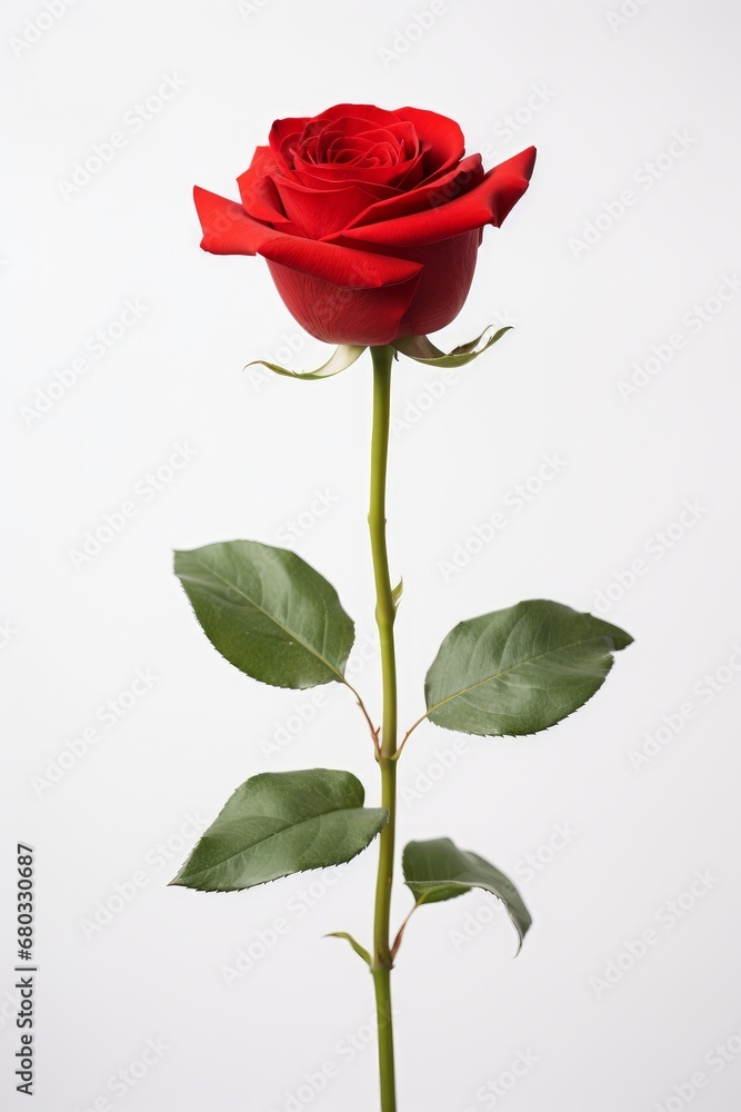 An elegant single red rose against a white minimalist background AI generated illustration