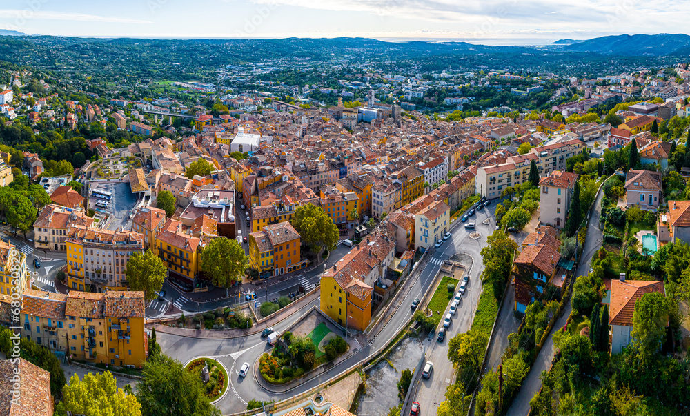 Obraz premium Aerial view of Grasse, a town on the French Riviera, known for its long-established perfume industry