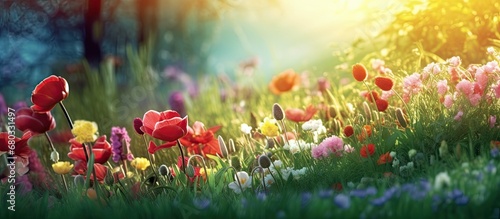 background of a vibrant garden, colorful flowers in shades of red, blue, and green bloom under the warm summer sun, illuminating the lush grass and leaves with a bright light, creating a picturesque #680331497