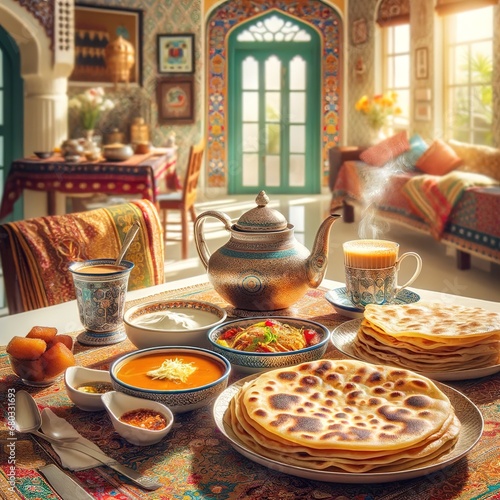 Traditional pakistani breakfast at home. A family gathering photo