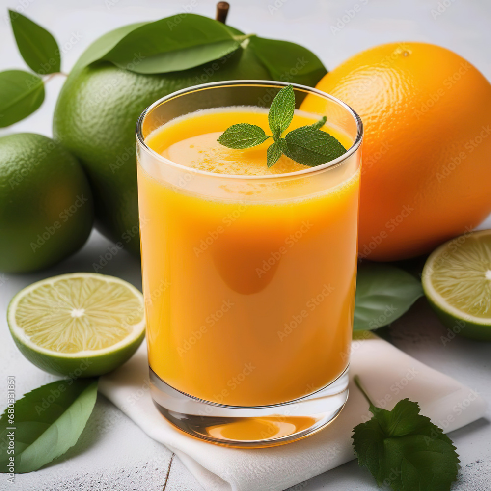 Vaso con zumo de naranja junto a una naranja y limones Vaso con zumo de naranja junto a una naranja y limones