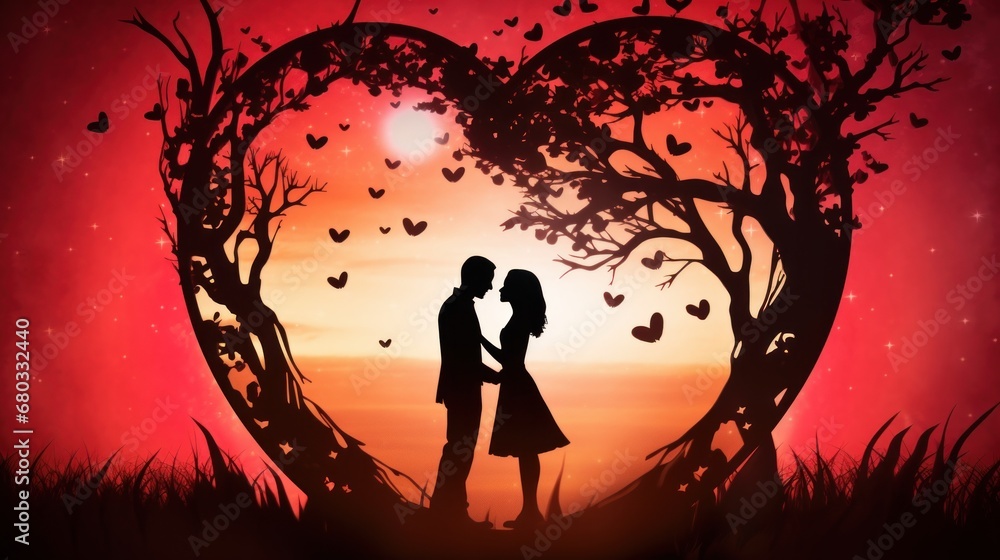 Couple kiss silhouette in a heart frame AI generated illustration