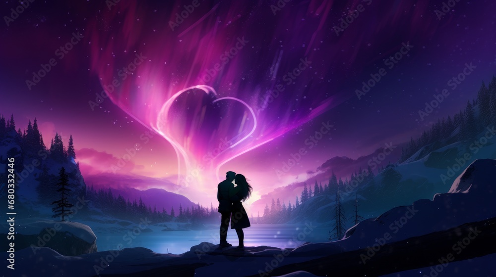 Couple kissing under heart-shaped northern lights AI generated illustration