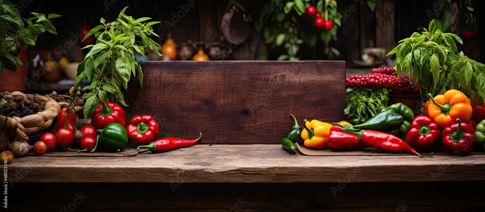 In the rustic Mexican kitchen, an old white board showcased the vibrant colors of organic vegetables, reflecting the wholesome and healthy nature of the cuisine, with red peppers adding a pop of