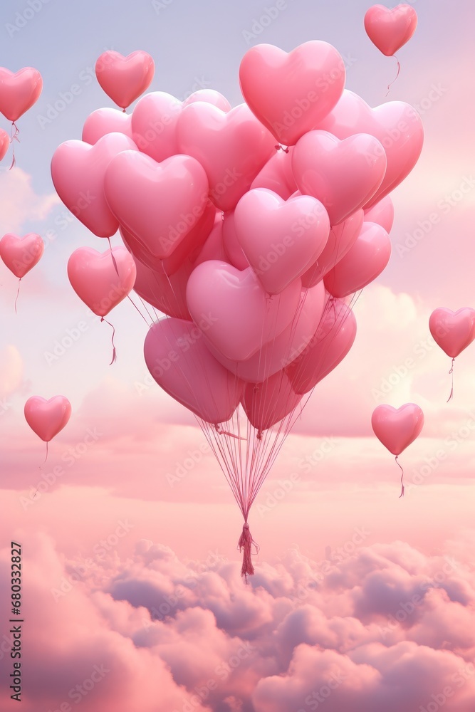 Depict a series of tiny heart-shaped balloons lifting off into a pink sky for a Valentines Day backdrop AI generated illustration