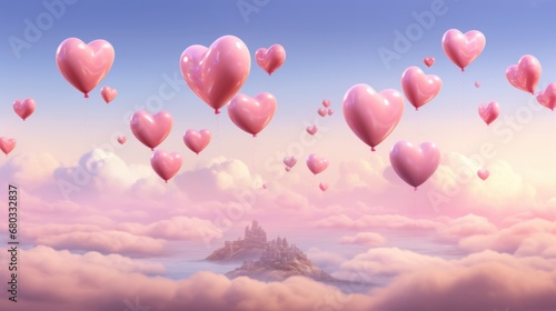 Depict a series of tiny heart-shaped balloons lifting off into a pink sky for a Valentines Day backdrop AI generated illustration