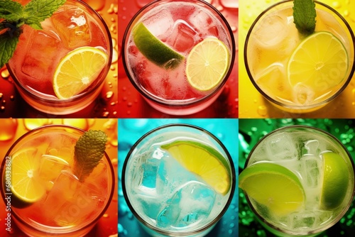 Colorful Tropical Soft Drinks with Various Fruits