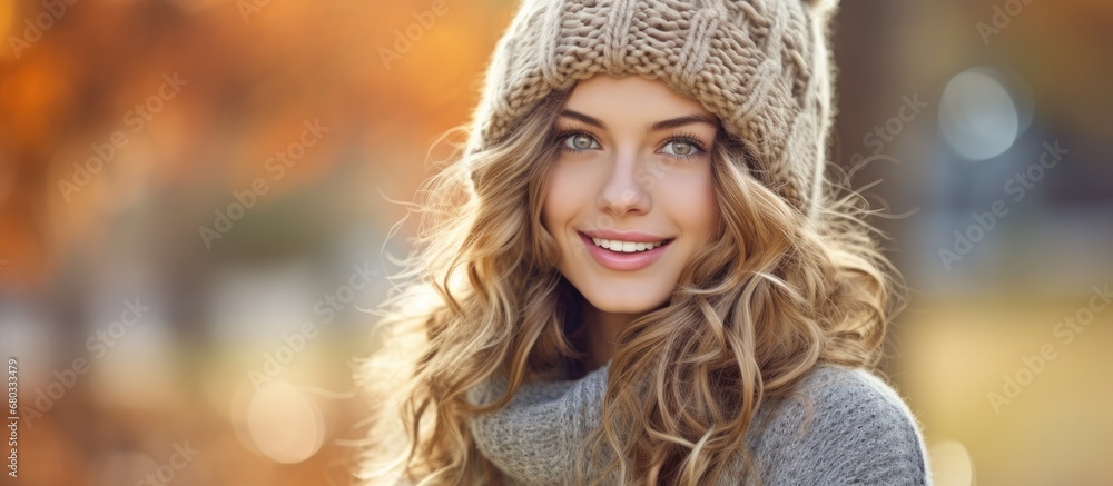 Amidst the picturesque winter backdrop, the beautiful woman with her radiant smile and flowing hair donned a cozy Merino wool cap, a fall sweater, emanating an aura of Christmas charm, capturing the - obrazy, fototapety, plakaty 
