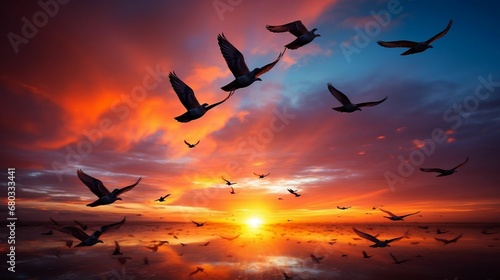 Silhouetted birds soaring against a vibrant sunset  © Halim Karya Art