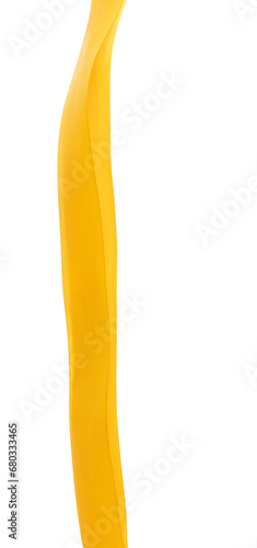 Yellow Gold ribbon long straight fly in air with curve roll shiny. Yellow Golden ribbon for present gift birthday party to wrap around decorate and make of long straight. White background isolated © Jade