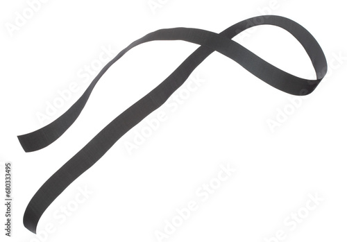 Black ribbon long straight fly in air with curve roll shiny. Black ribbon for present gift birthday party to wrap around decorate and make of textile cloth long straight. White background isolated