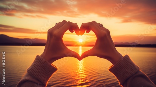 Hands creating a heart shape with sunset in the background AI generated illustration