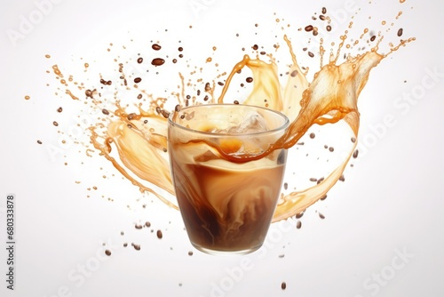 Cup of Iced Coffee Floating in Air with Trail of Swirling Coffee Splashes Frozen in Time, Close-up