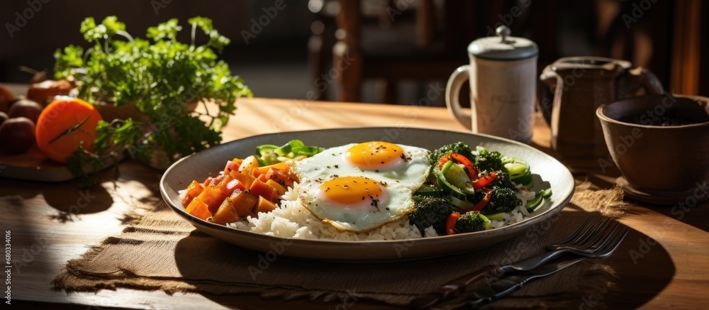 In the kitchen, a wooden table adorned with a clean white tablecloth showcased a delicious Asian breakfast consisting of rice, a plate of colorful vegetables and a perfectly fried egg, all accompanied In the kitchen, a wooden table adorned with a clean white tablecloth showcased a delicious Asian breakfast consisting of rice, a plate of colorful vegetables and a perfectly fried egg, all accompanied