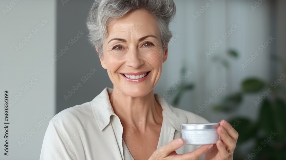 senior beautiful woman smile use cream for good skin. face of a healthy woman apply cream and makeup. Advertisement for skin cream, anti-wrinkle, baby face, whitening, moisturizer, tighten pores senior beautiful woman smile use cream for good skin. face of a healthy woman apply cream and makeup. Advertisement for skin cream, anti-wrinkle, baby face, whitening, moisturizer, tighten pores