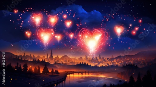 Heart-shaped fireworks lighting up the night sky AI generated illustration