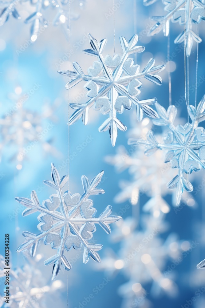 Macro image of delicate snowflakes against a Christmas backdrop AI generated illustration Macro image of delicate snowflakes against a Christmas backdrop AI generated illustration