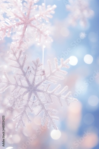 Macro image of delicate snowflakes against a Christmas backdrop AI generated illustration