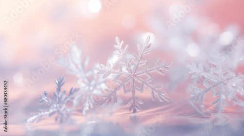 Macro shot of delicate Christmas snowflakes against a pastel background AI generated illustration