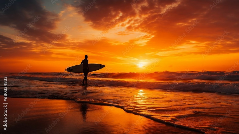 A lone surfer's silhouette against an ocean sunset
