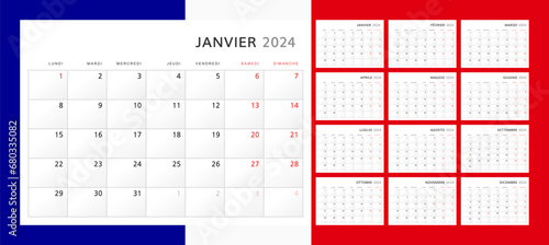 Calendar 2024 in French. Wall quarterly calendar for 2024 in a classic minimalist style. Week starts on Monday. Set of 12 months. Corporate Planner Template. A4 format horizontal. Vector graphics