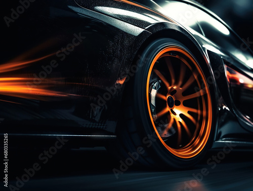 Speed concept. A fragment of a black sports car, with an emphasis on the rear wheel rotating at high speed. The glare of light on the car's body emphasizes its sleek shape, power and aerodynamics